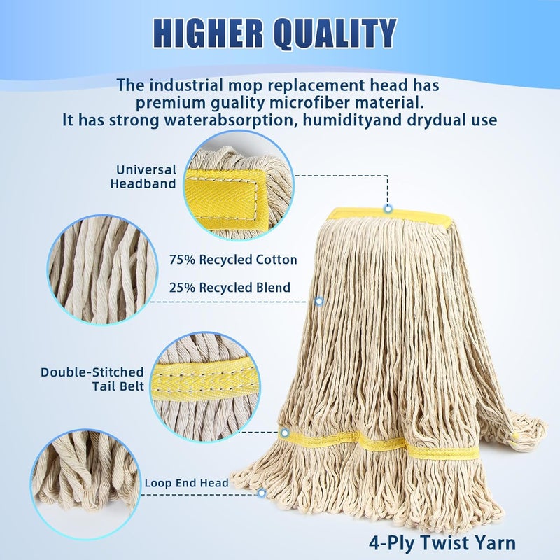 Hakfhsd 2 Pack 20ozCommercial Mop Heavy Duty Industril Cotton Mop, Cotton Commerical Industrial Grade Mop Replacements Heads for Home,mops for Floor Cleaning Heavy Duty,with 63'' Stainless Steel Mop Handle - Image 4